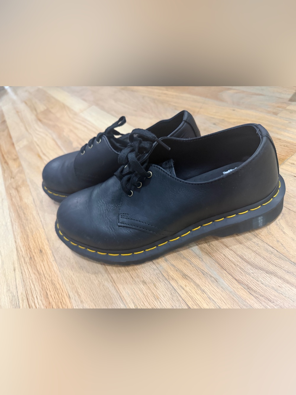 Dr. Martens Black Leather Oxford Shoes with Yellow Stitching